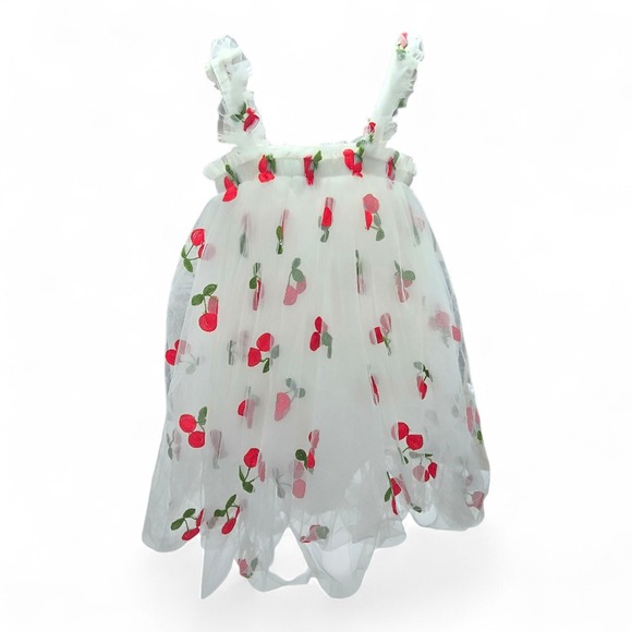 Lola + The Boys Girls White Cherry Embroidered Tulle Ruffle Dress Size 6 - Picture 2 of 11